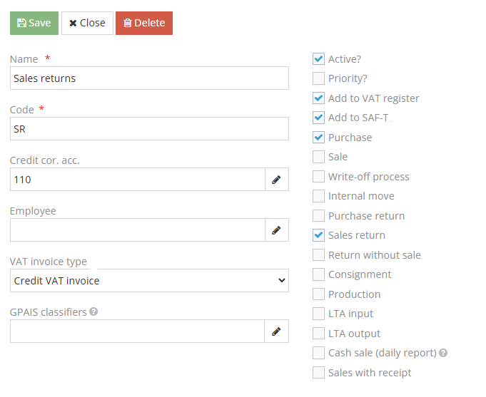 Sales return operation type selection window